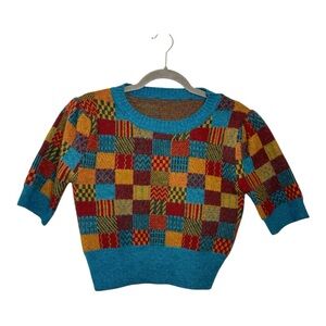 Knit Mix Blue Patchwork Short Sleeve Knit Sweater Indie Retro Large